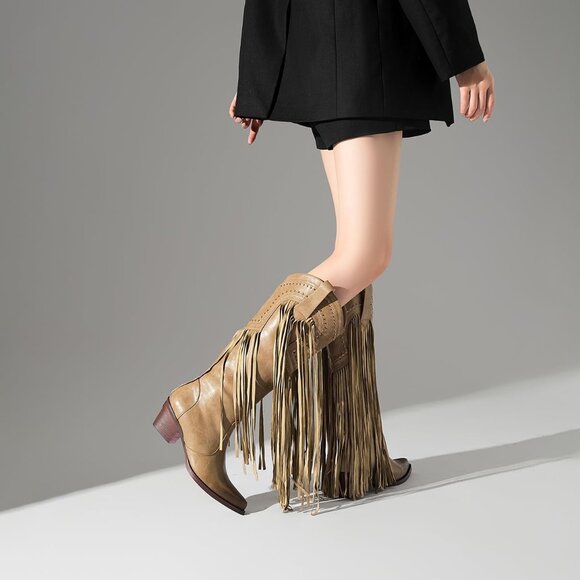 Women's Fashion Pointed Toe Chunky Pull On Knee High Heel Embroidered Tan Boot - Picture 4 of 8